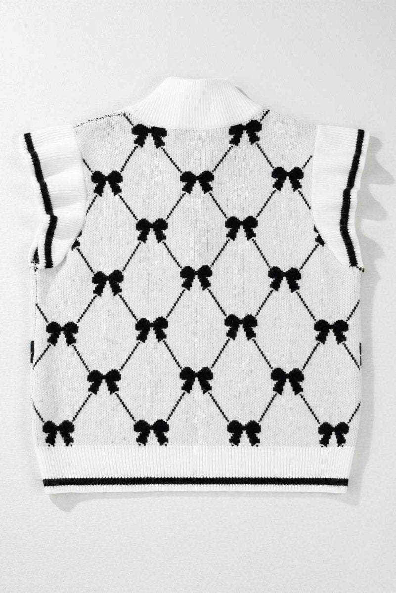Chic Black Bow Print Zipped Collar Short Sleeve Sweater Tee - Love Salve